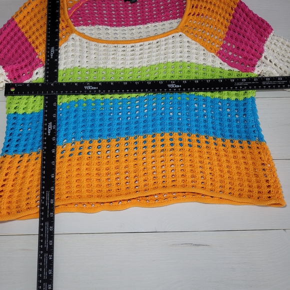 Cotton Sweater Open Weave Knit Sweater Colorful Stripe Top Beachy BOHO - Picture 6 of 6